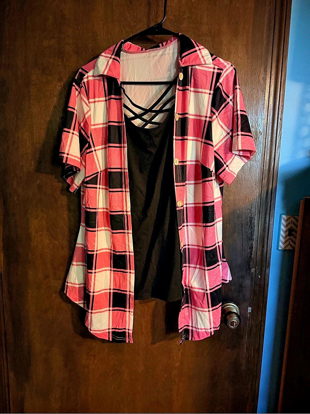 Plaid Short Sleeve Top in Pink & Black Size 1XL